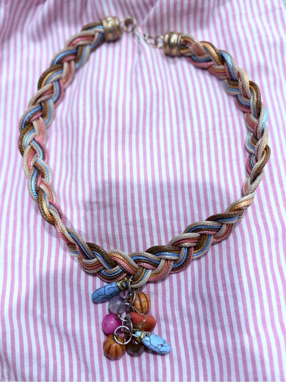 Multicolor Braided Cord Necklace with Gemstone Charms.